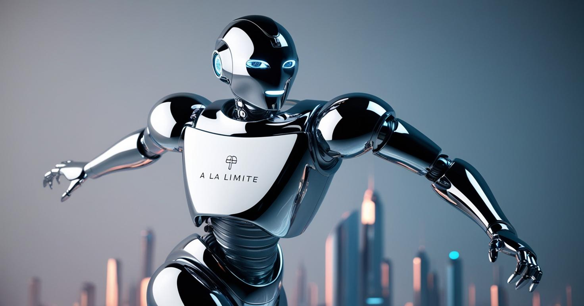 Robot IA futuriste stylisé, représentant l’innovation et la technologie avancée du convoyage intelligent A LA LIMITE.